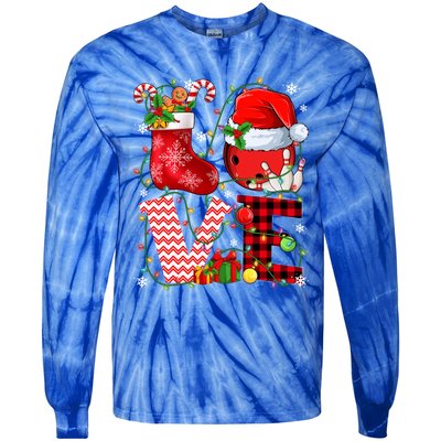 Funny Love Bowling Ball Santa Hat Christmas Lights Xmas Pjs Cool Gift Tie-Dye Long Sleeve Shirt