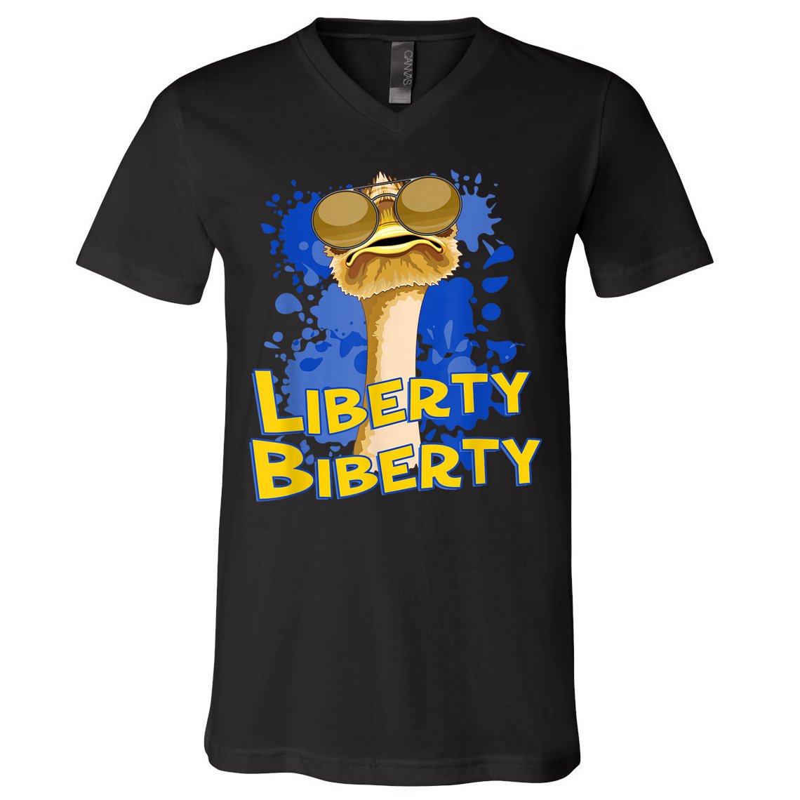 Funny Liberty Biberty Ostrich Sunglasses Humor Blue V-Neck T-Shirt