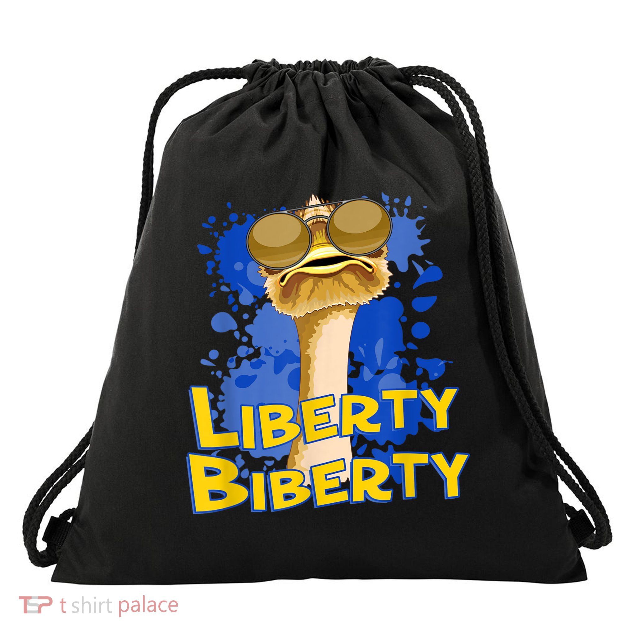 Funny Liberty Biberty Ostrich Sunglasses Humor Blue Drawstring Bag