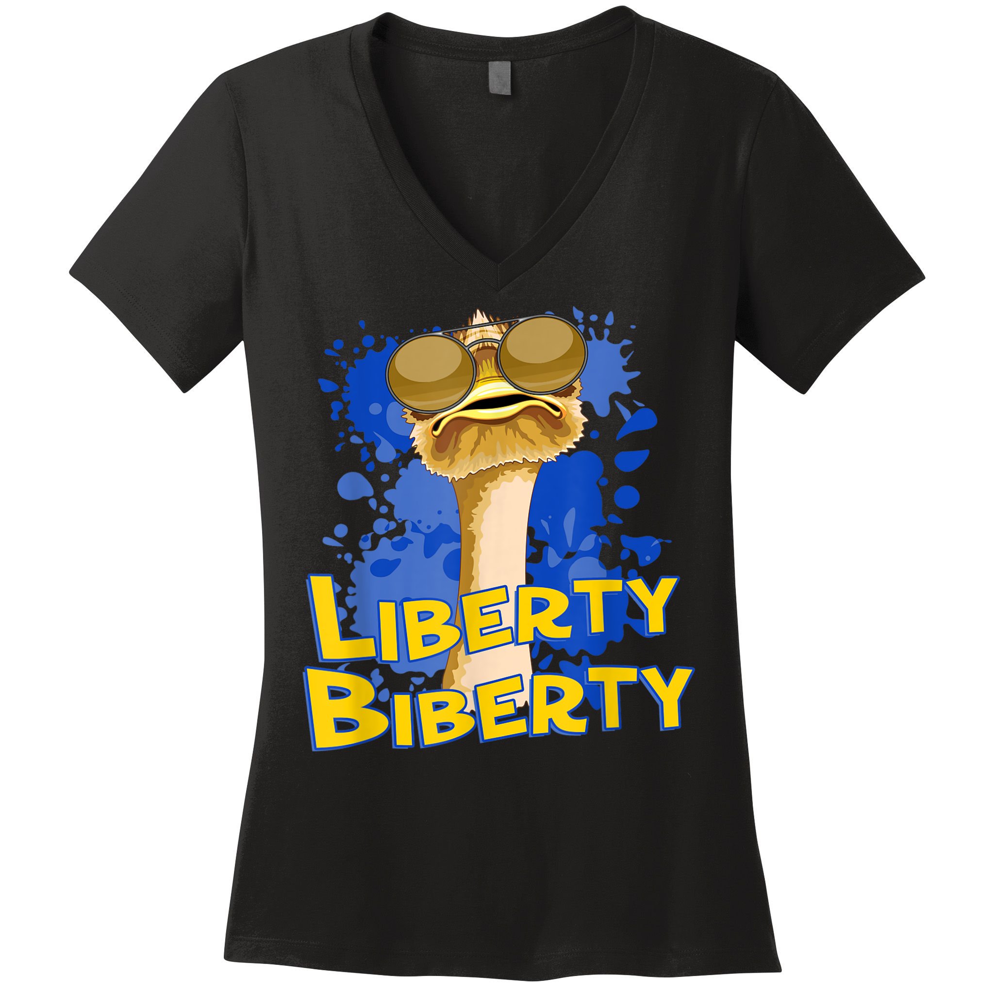 Funny Liberty Biberty Ostrich Sunglasses Humor Blue Women's V-Neck T-Shirt