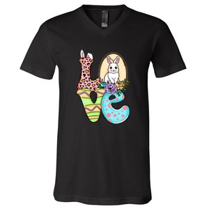 Funny Love Bunny Floral Easter Day Leopard V-Neck T-Shirt