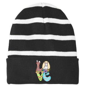 Funny Love Bunny Floral Easter Day Leopard Striped Beanie with Solid Band