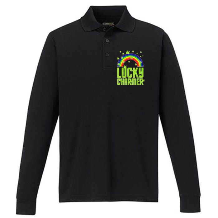 funny Lucky Charmer shamrock charm St patricks day irish Performance Long Sleeve Polo