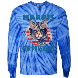 Funny Less Cat Lady Voting For Kamala Harris For Presid Gift Tie-Dye Long Sleeve Shirt