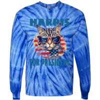 Funny Less Cat Lady Voting For Kamala Harris For Presid Gift Tie-Dye Long Sleeve Shirt