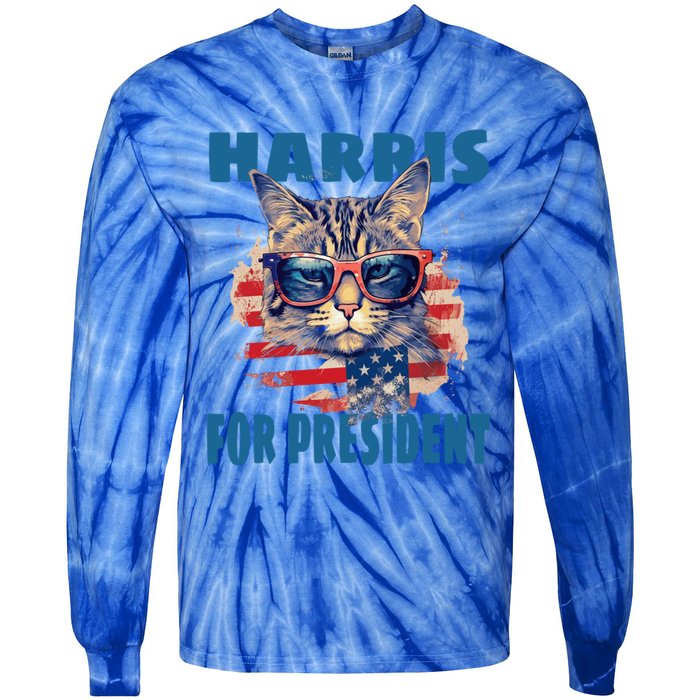 Funny Less Cat Lady Voting For Kamala Harris For Presid Gift Tie-Dye Long Sleeve Shirt