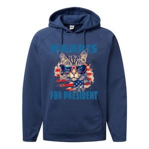 Funny Less Cat Lady Voting For Kamala Harris For Presid Gift Performance Fleece Hoodie