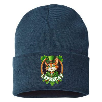 Funny Leprechaun Cat Leprecat St Patricks Day Sustainable Knit Beanie