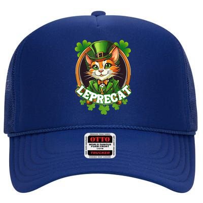 Funny Leprechaun Cat Leprecat St Patricks Day High Crown Mesh Back Trucker Hat