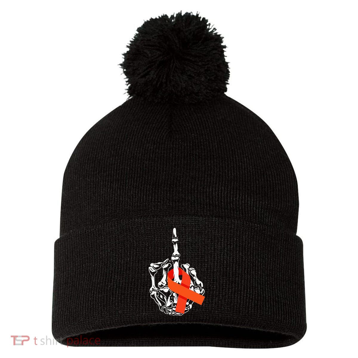 Fuck Leukemia Cancer Middle Finger Leukemia Cancer Awareness Pom Pom 12in Knit Beanie