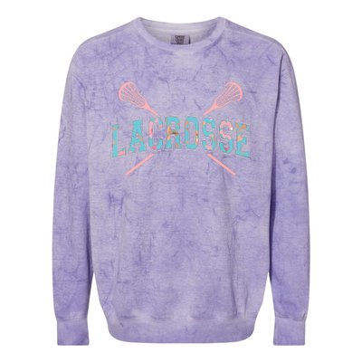 Floral Lacrosse Crossed Sticks LAX Girly Teal Pink Head Colorblast Crewneck Sweatshirt