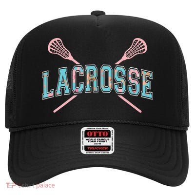 Floral Lacrosse Crossed Sticks LAX Girly Teal Pink Head High Crown Mesh Back Trucker Hat