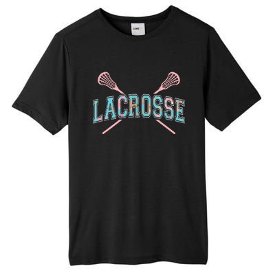 Floral Lacrosse Crossed Sticks LAX Girly Teal Pink Head Tall Fusion ChromaSoft Performance T-Shirt