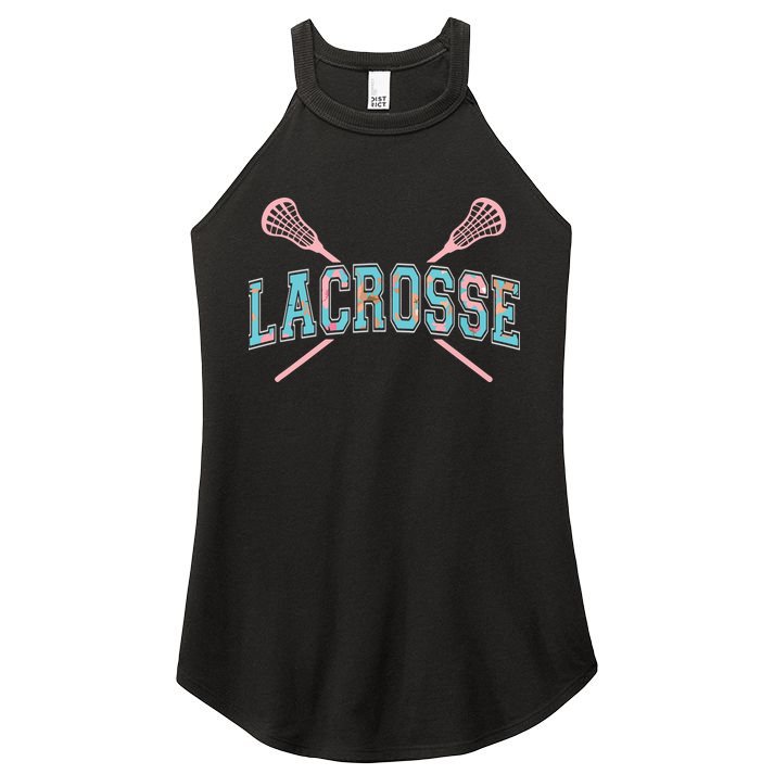 Floral Lacrosse Crossed Sticks LAX Girly Teal Pink Head Women's Perfect Tri Rocker Tank