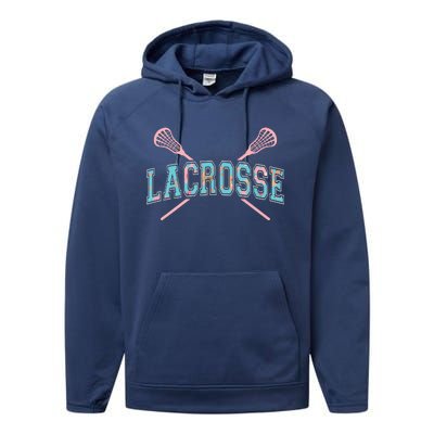 Floral Lacrosse Crossed Sticks LAX Girly Teal Pink Head Performance Fleece Hoodie