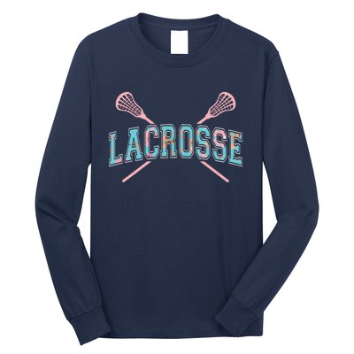 Floral Lacrosse Crossed Sticks LAX Girly Teal Pink Head Long Sleeve Shirt