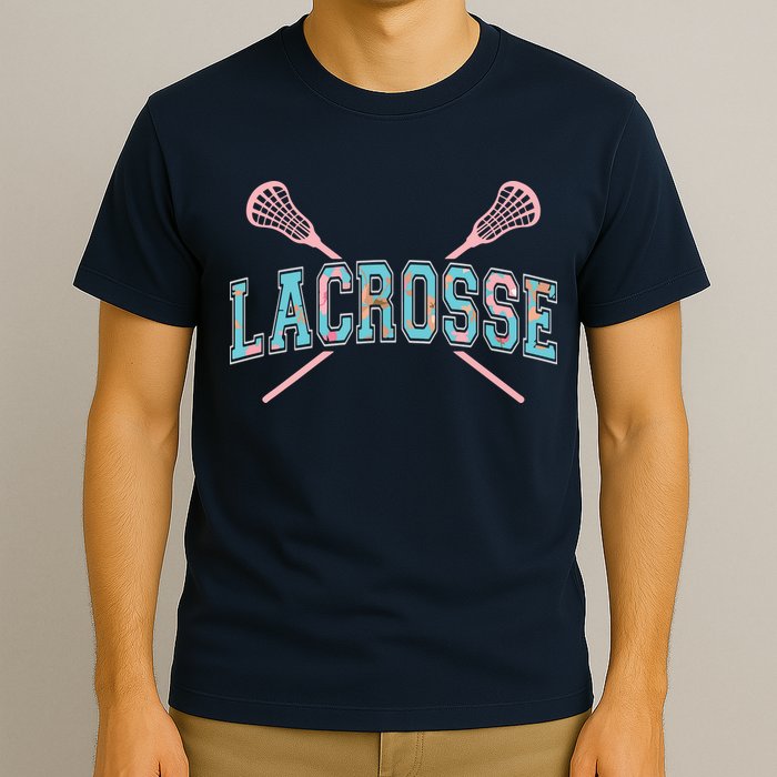 Floral Lacrosse Crossed Sticks LAX Girly Teal Pink Head T-Shirt