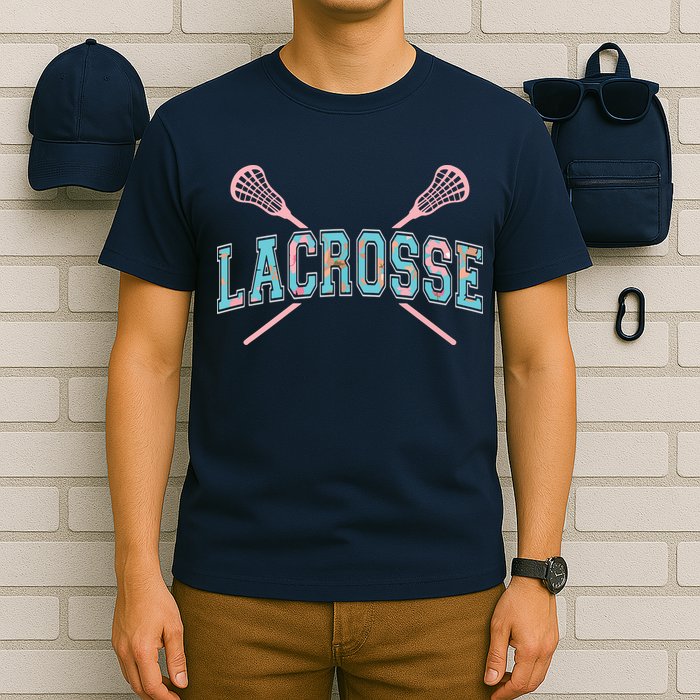 Floral Lacrosse Crossed Sticks LAX Girly Teal Pink Head T-Shirt