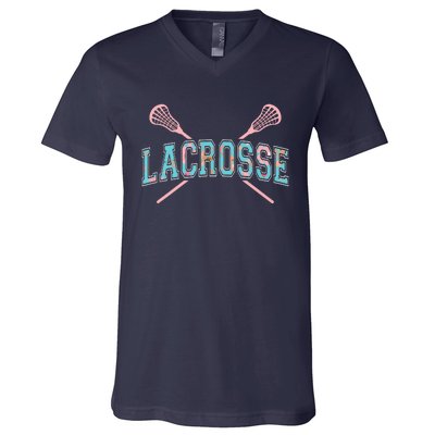 Floral Lacrosse Crossed Sticks LAX Girly Teal Pink Head V-Neck T-Shirt