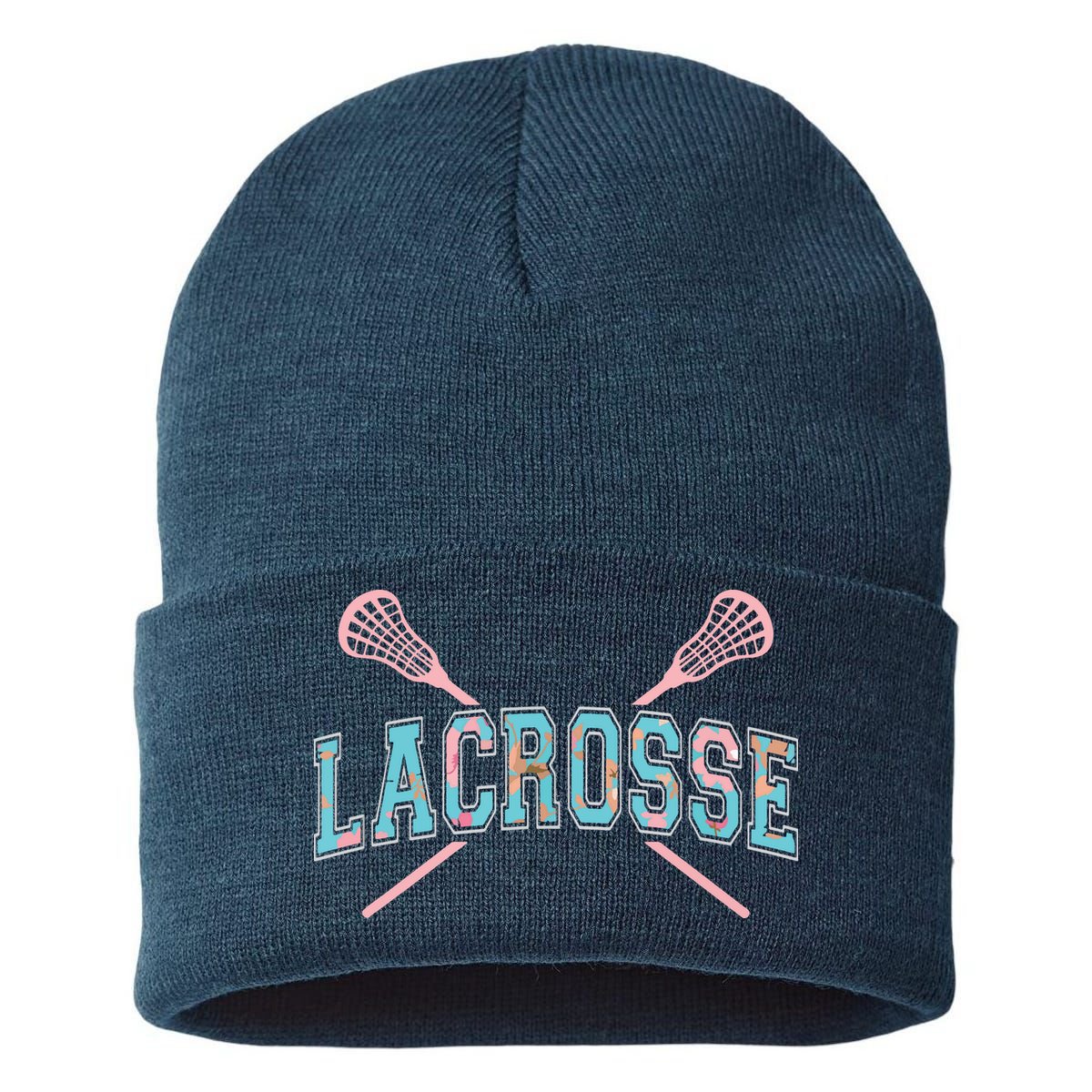 Floral Lacrosse Crossed Sticks LAX Girly Teal Pink Head Sustainable Knit Beanie