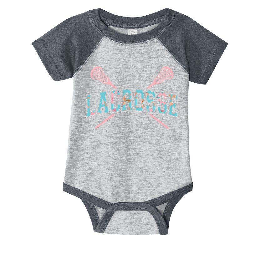 Floral Lacrosse Crossed Sticks LAX Girly Teal Pink Head Infant Baby Jersey Bodysuit