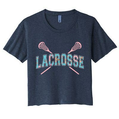 Floral Lacrosse Crossed Sticks LAX Girly Teal Pink Head Crop Top