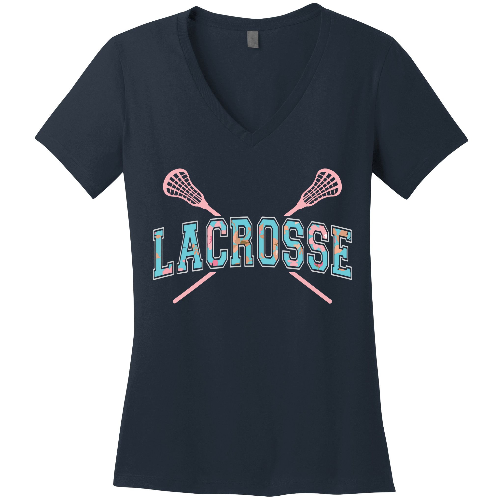 Floral Lacrosse Crossed Sticks LAX Girly Teal Pink Head Women's V-Neck T-Shirt