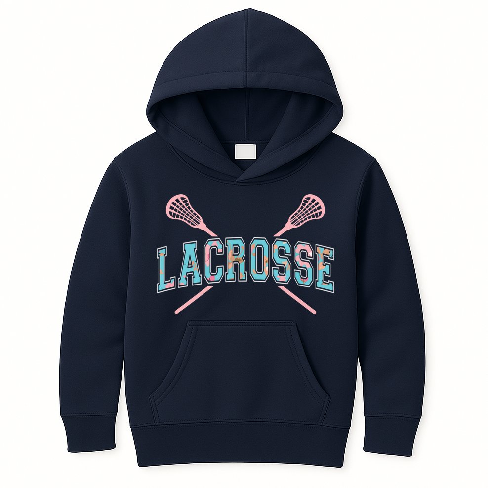 Floral Lacrosse Crossed Sticks LAX Girly Teal Pink Head Kids Hoodie