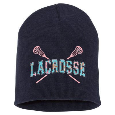 Floral Lacrosse Crossed Sticks LAX Girly Teal Pink Head Short Acrylic Beanie