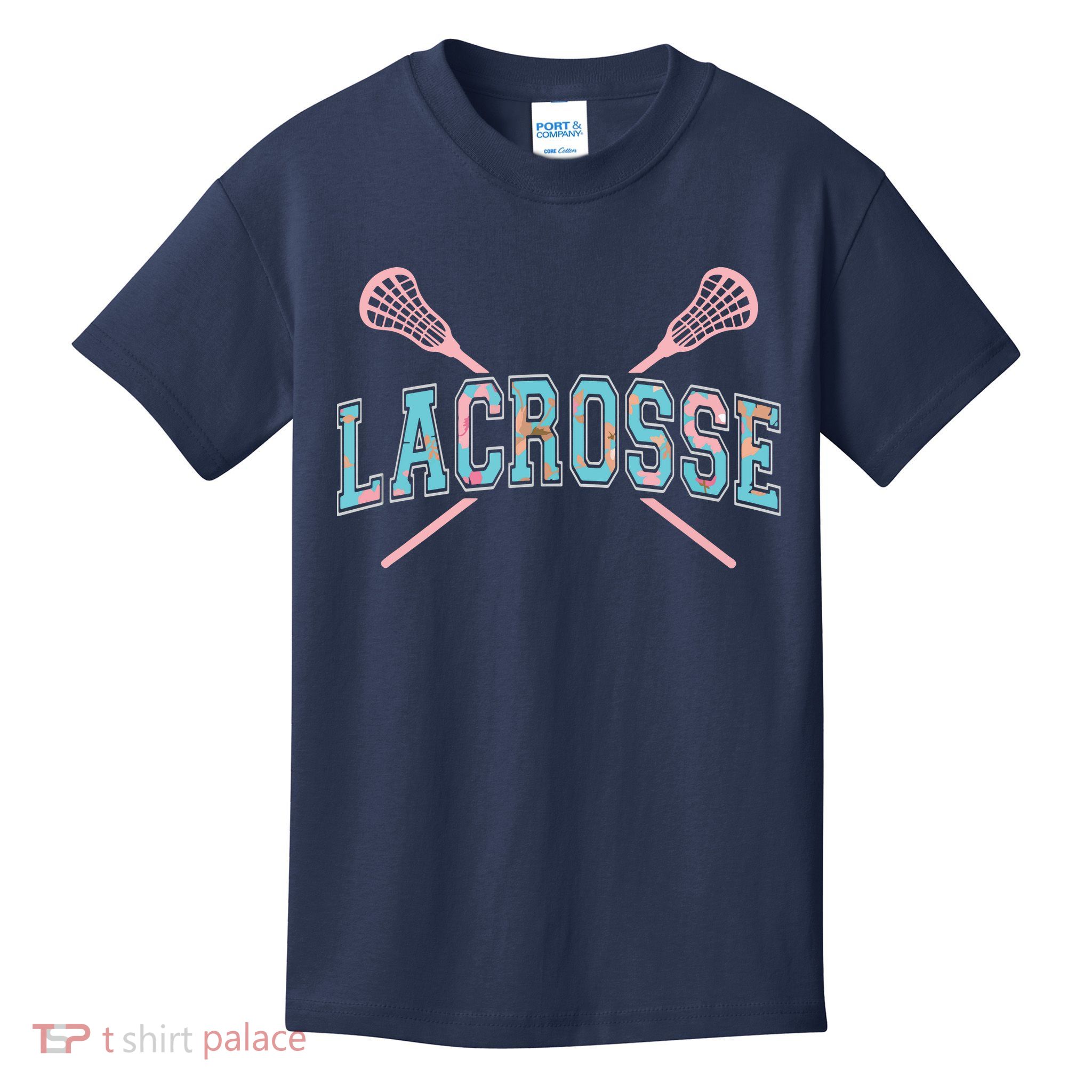 Floral Lacrosse Crossed Sticks LAX Girly Teal Pink Head Kids T-Shirt