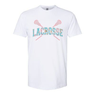 Floral Lacrosse Crossed Sticks LAX Girly Teal Pink Head Softstyle CVC T-Shirt