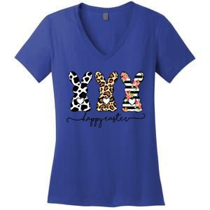 Funny Leopard Cow Print Easter Bunnies Happy Easter Day Gift Women's V-Neck T-Shirt