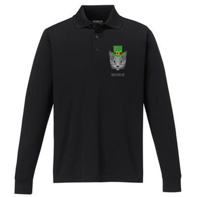 Funny Leprechaun Cat Leprecat St Patricks Day Performance Long Sleeve Polo