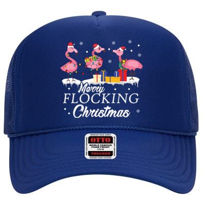 Flamingo Lover Christmas Bird Merry Flocking Christmas Gift High Crown Mesh Back Trucker Hat