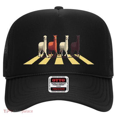Funny Lama Crossing Abbey Street Road Llama Alpaca High Crown Mesh Back Trucker Hat