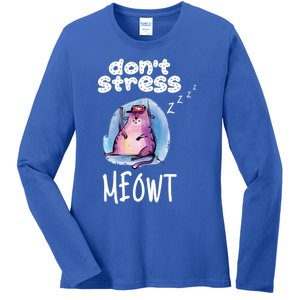 Funny Lazy Cat Cute Cat Pun Dont Stress Meowt Gift Ladies Long Sleeve Shirt