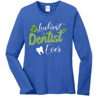 Funny Luckiest Dentist Ever Gift St Patrick's Day Funny Gift Ladies Long Sleeve Shirt