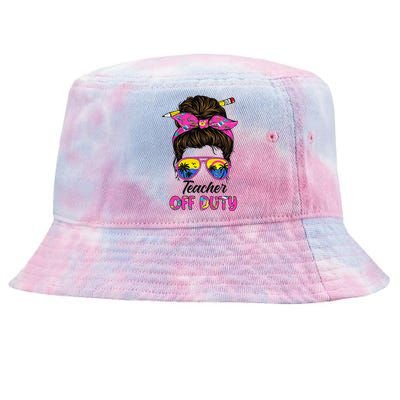 Funny Last Day Of School Teacher Off Duty Messy Bun Hair Tie-Dyed Bucket Hat