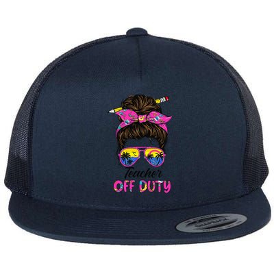 Funny Last Day Of School Teacher Off Duty Messy Bun Hair Flat Bill Trucker Hat