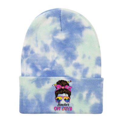 Funny Last Day Of School Teacher Off Duty Messy Bun Hair Tie Dye 12in Knit Beanie