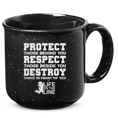Football Lineman Design Protect Respect Destroy Motto 15oz Campfire Ceramic Mug