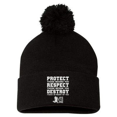 Football Lineman Design Protect Respect Destroy Motto Pom Pom 12in Knit Beanie
