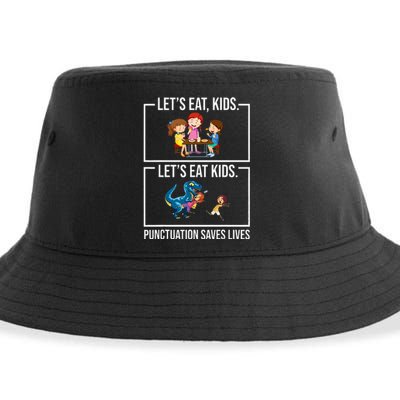 Funny Let's Eat  Punctuation Saves Lives Grammar Sustainable Bucket Hat