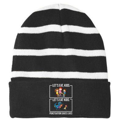 Funny Let's Eat  Punctuation Saves Lives Grammar Striped Beanie with Solid Band