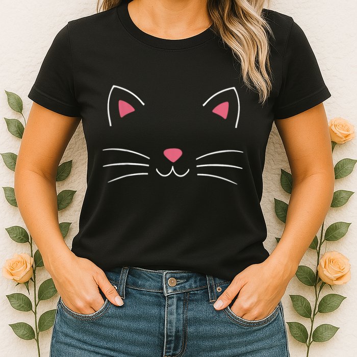 Funny Lazy Easy Cat Face Costume For Diy Halloween Party Womens T-Shirt