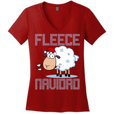 Fleece Navidad Sheep Lamb Ugly Christmas Sweater Design Women's V-Neck T-Shirt