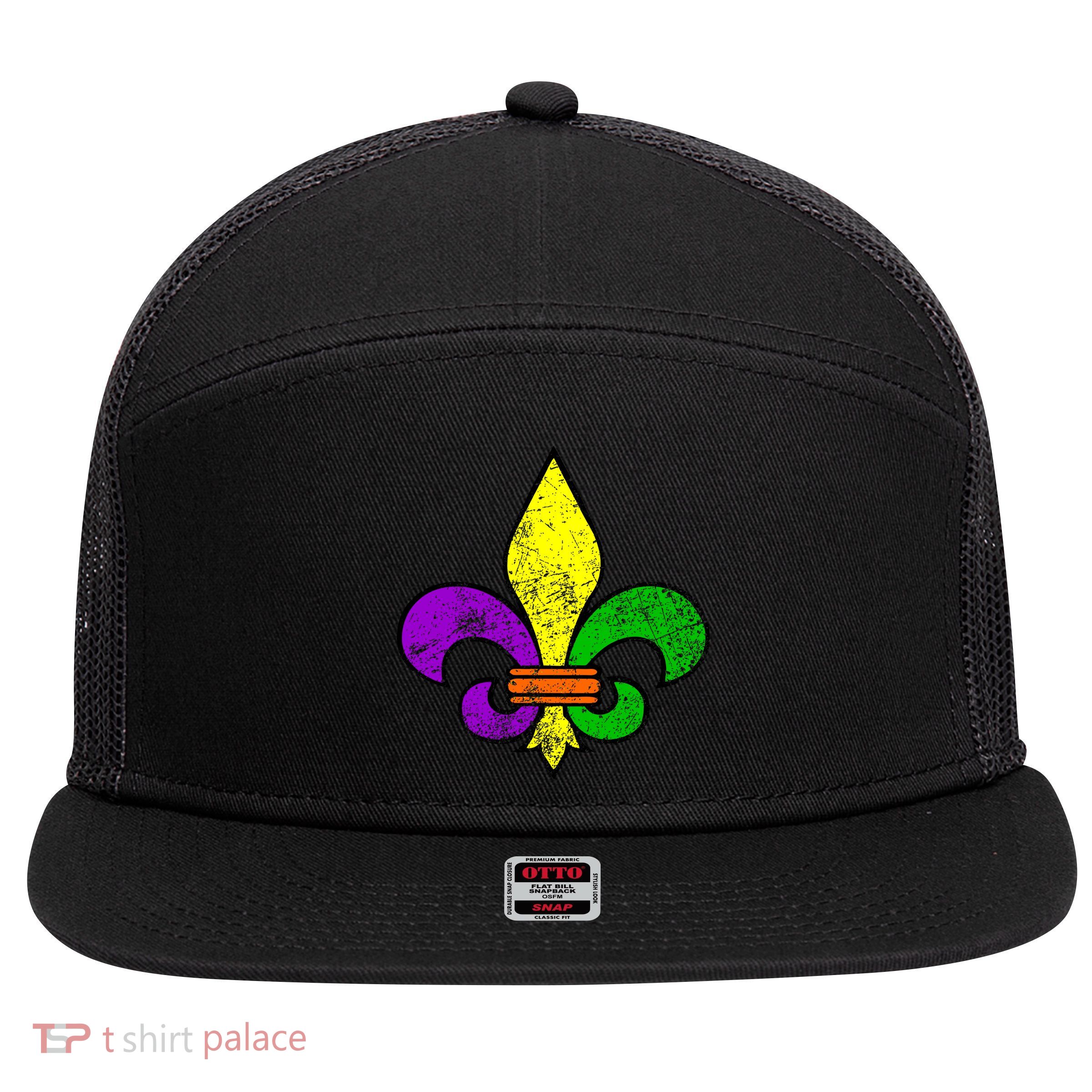 Fleur De Lis Retro Mardi Gras New Orleans Logo 7 Panel Mesh Trucker Snapback Hat
