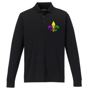 Fleur De Lis Retro Mardi Gras New Orleans Logo Performance Long Sleeve Polo