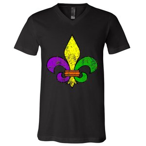 Fleur De Lis Retro Mardi Gras New Orleans Logo V-Neck T-Shirt