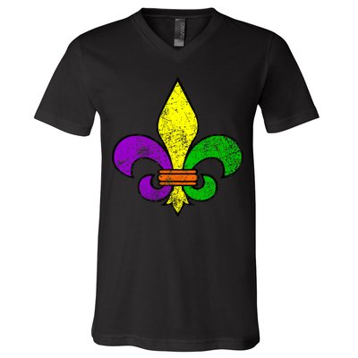 Fleur De Lis Retro Mardi Gras New Orleans Logo V-Neck T-Shirt
